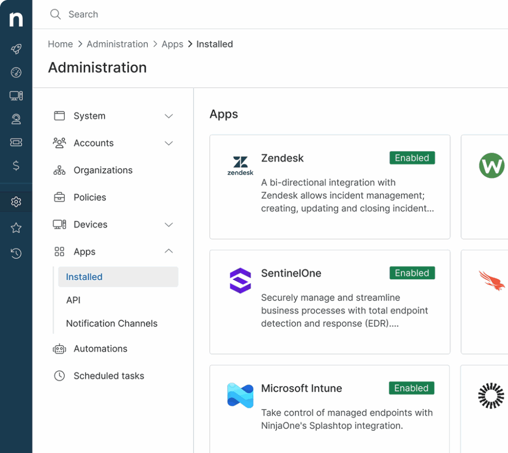 NinjaOne Integrations dashboard screenshot